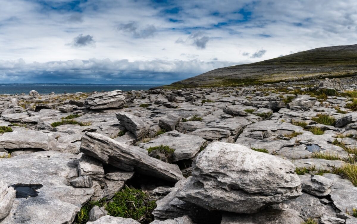 A view of the glaciokarst coastal landscape of the Burren Coast in County Clare of western Ireland