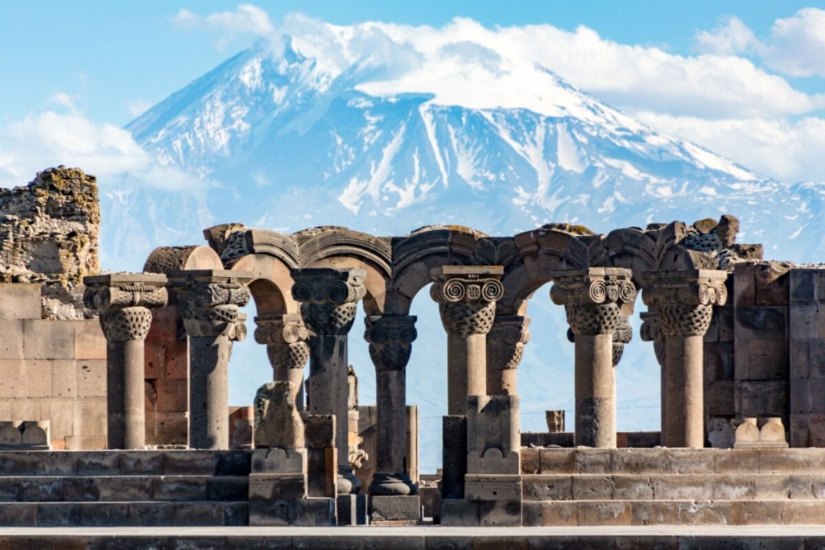 Armenia Yerevan Zvartnos temple ruins Mt Ararat in the background
