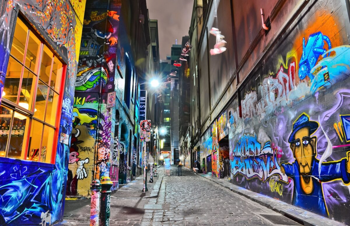 Aus Melbourne Night view of colorful graffiti artwork at Hosier Lane