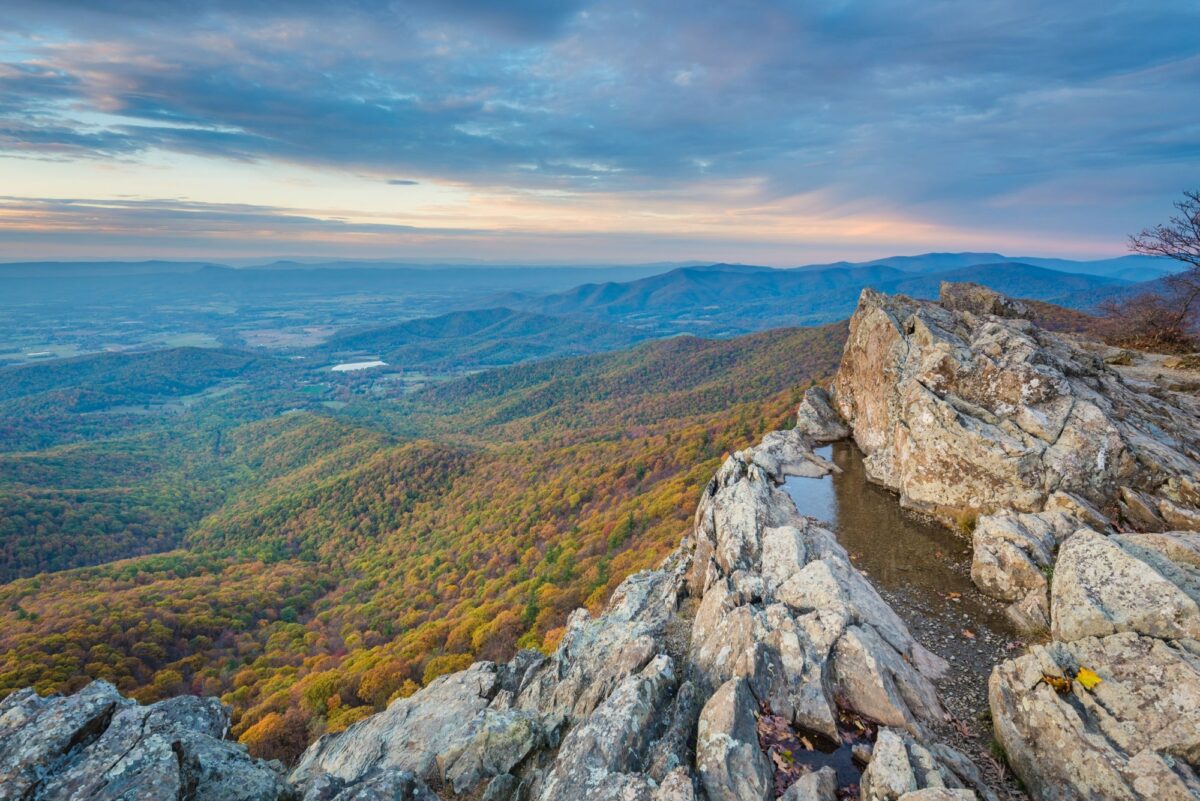 Autumn sunset view from Little Stony Man Cliffs along the Appalachian Trail in Shenandoah National Park Virginia USA
