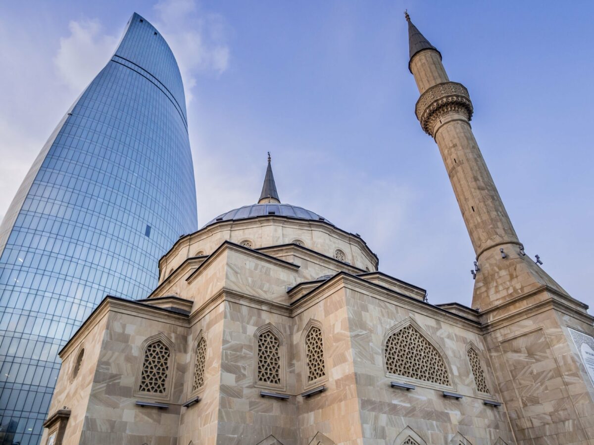Azerbaijan Baku Sehidler Mescidi Mosque next to the Flame Towers