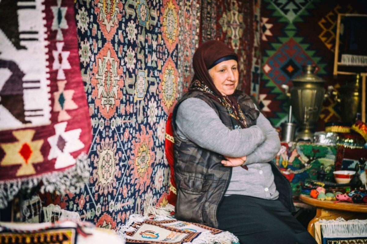 Azerbaijan Lahij Portrait of female carpet seller