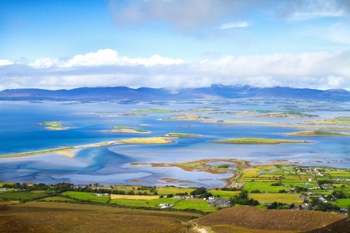 Beautiful scenic sea and mountain landscape with islands View from Croagh Patrick mountain in Co Mayo Westport West coast of Ireland Atlantic ocean western way