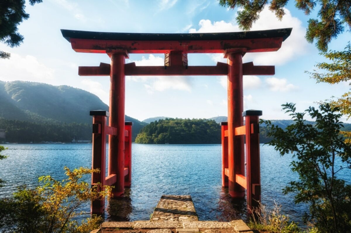 Japan Hakone The torii gate which stands on the shore of Lake Ashi