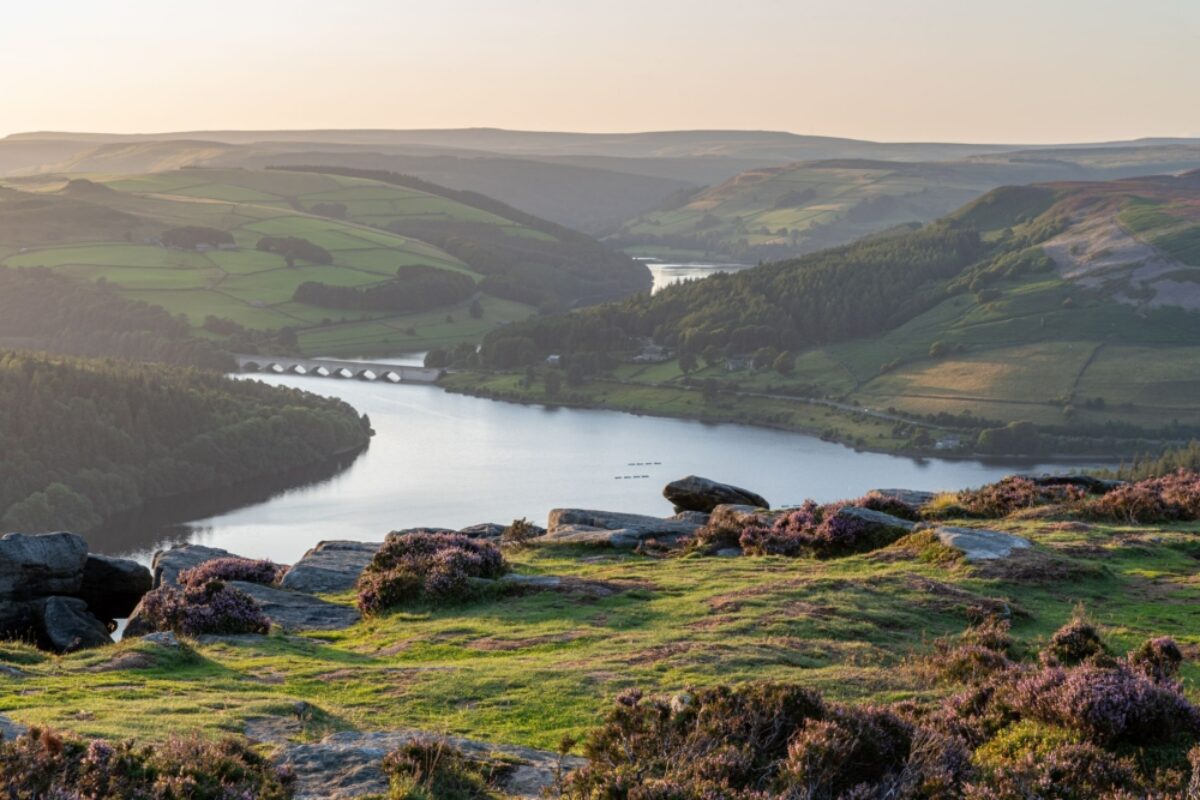 Ladybower Reservoir and Crook Hill in the Derbshire Peak District National Park England UK