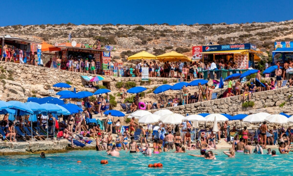 Malta Comino Island July 16 crowded beach Blue lagoon