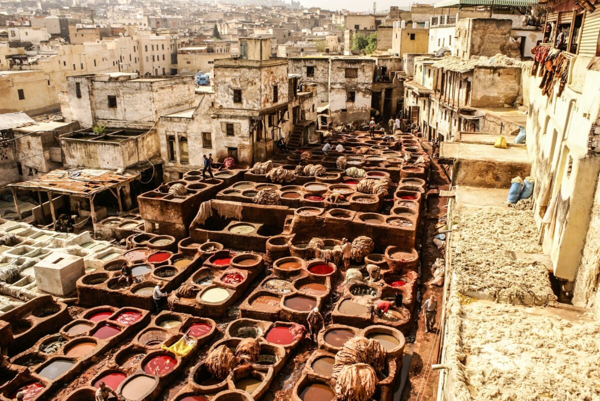 Morocco Fez Tanneries of Fes Morocco Africa Old tanks of the Fezs tanneries with color paint for leather