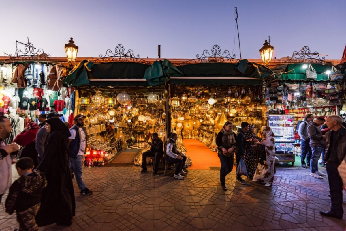 Morocco Marakech lamps illuminated at evening in Jemma el Fna market