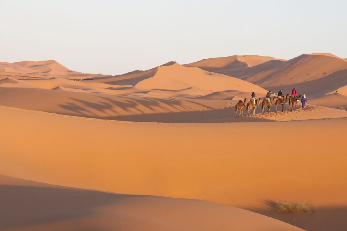 Morocco Merzouga Tourists riding camels at Erg Chebbi