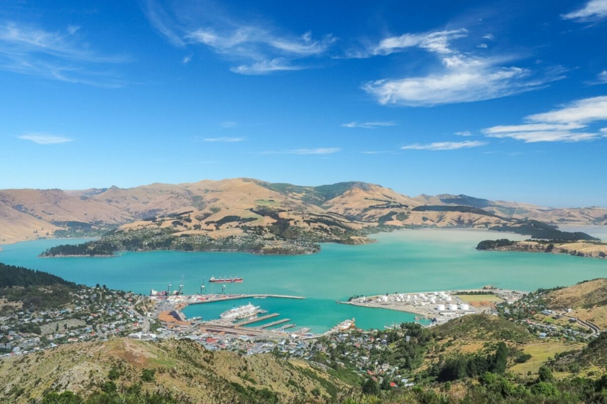 NZ Christchurch Aerial view of Lyttelton port from the top of Christchurch Gondola Station at Port Hills