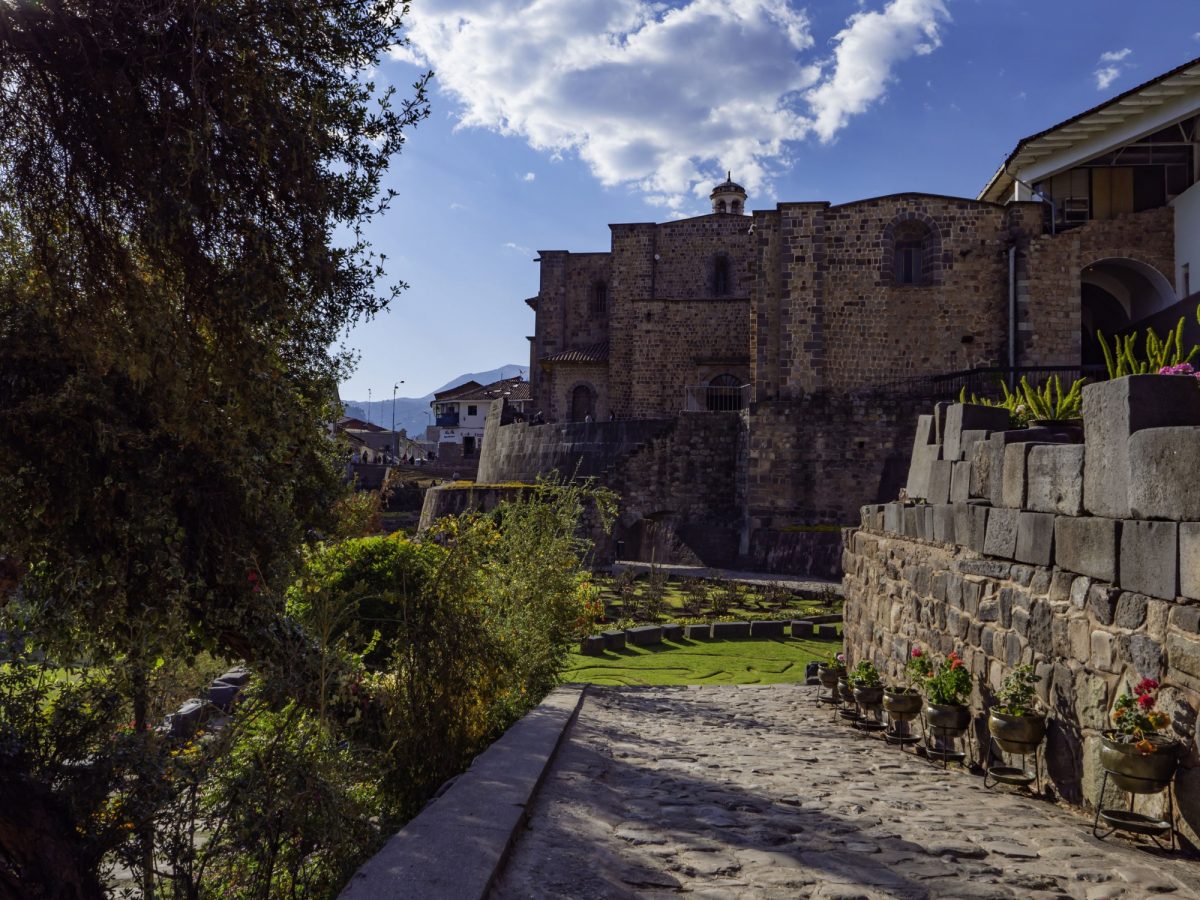 Outdoor Gardens Convent of Santo Domingo with ruins of Qorikancha Temple Coricancha City of Cusco Peru