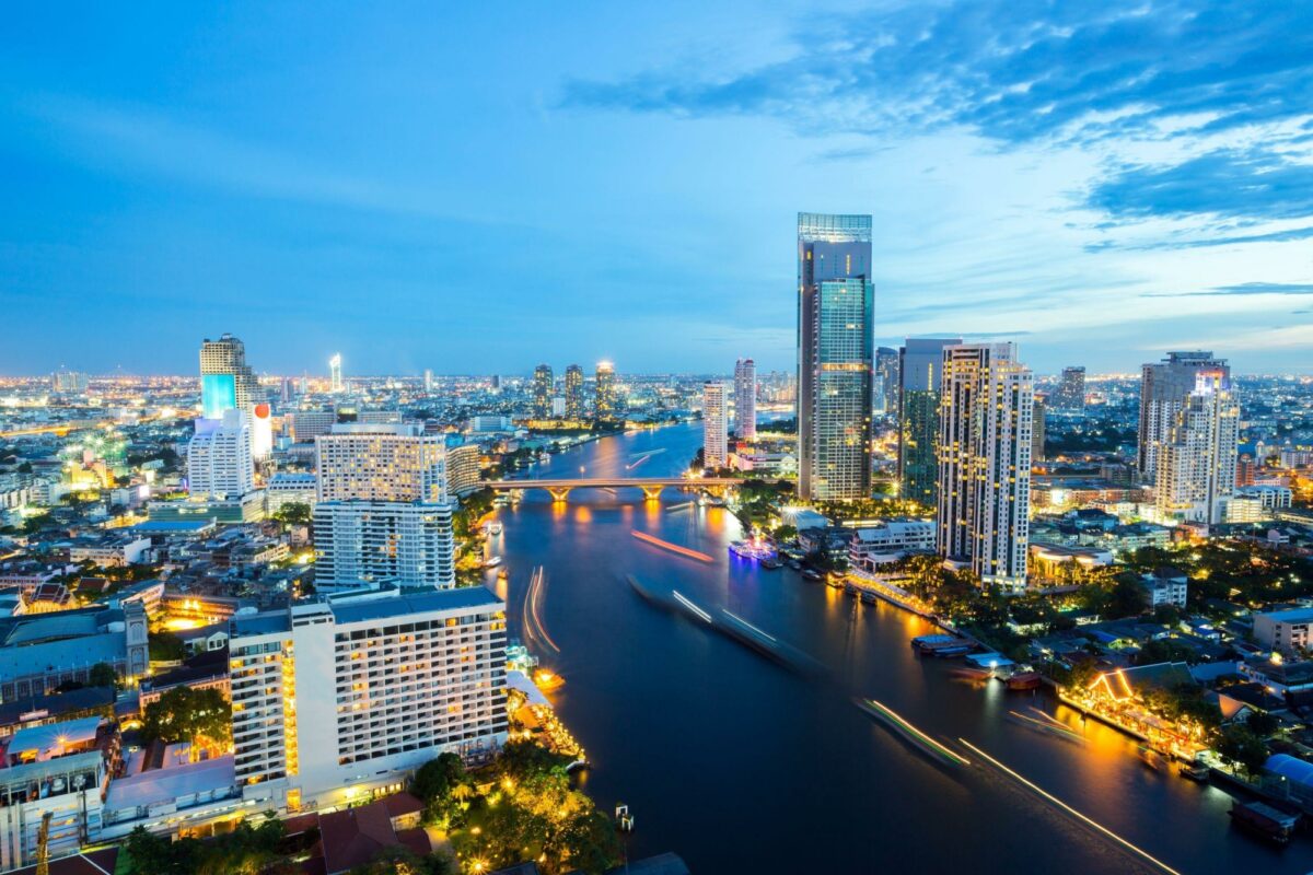 Thailand Bangkok Aerial view of Bangkok Skyline along Chaophraya River