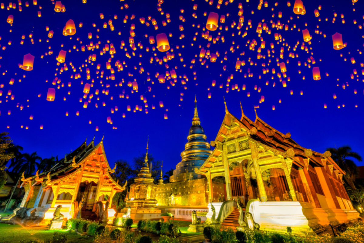 Thailand Chiang Mai Floating lamp and krathong lantern in yee peng festival at Wat Phra Singh temple This temple contains supreme examples of Lanna art in the old city center
