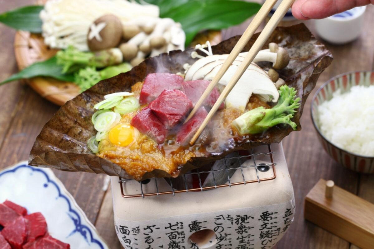 Tokyo Food Charcoal grilled Hida beef on Hoba miso ocal food in Takayama