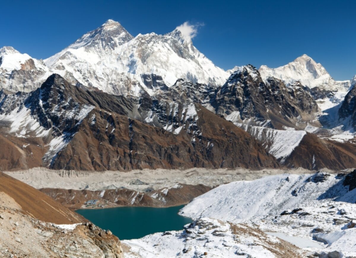 View of Everest Lhotse Makalu and Gokyo Lake from Renjo La pass way to EBC Three passes trek Nepal