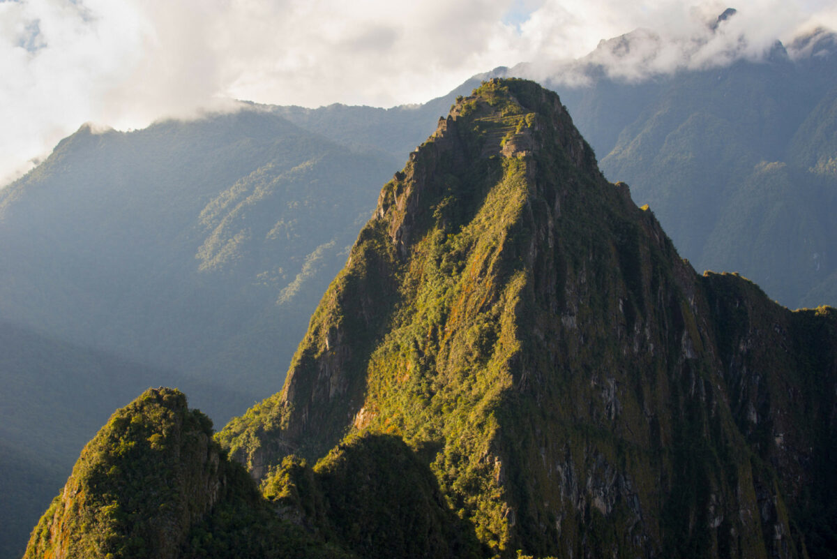 View to top of Huayna Picchu with terraces Machu Picchu Peru