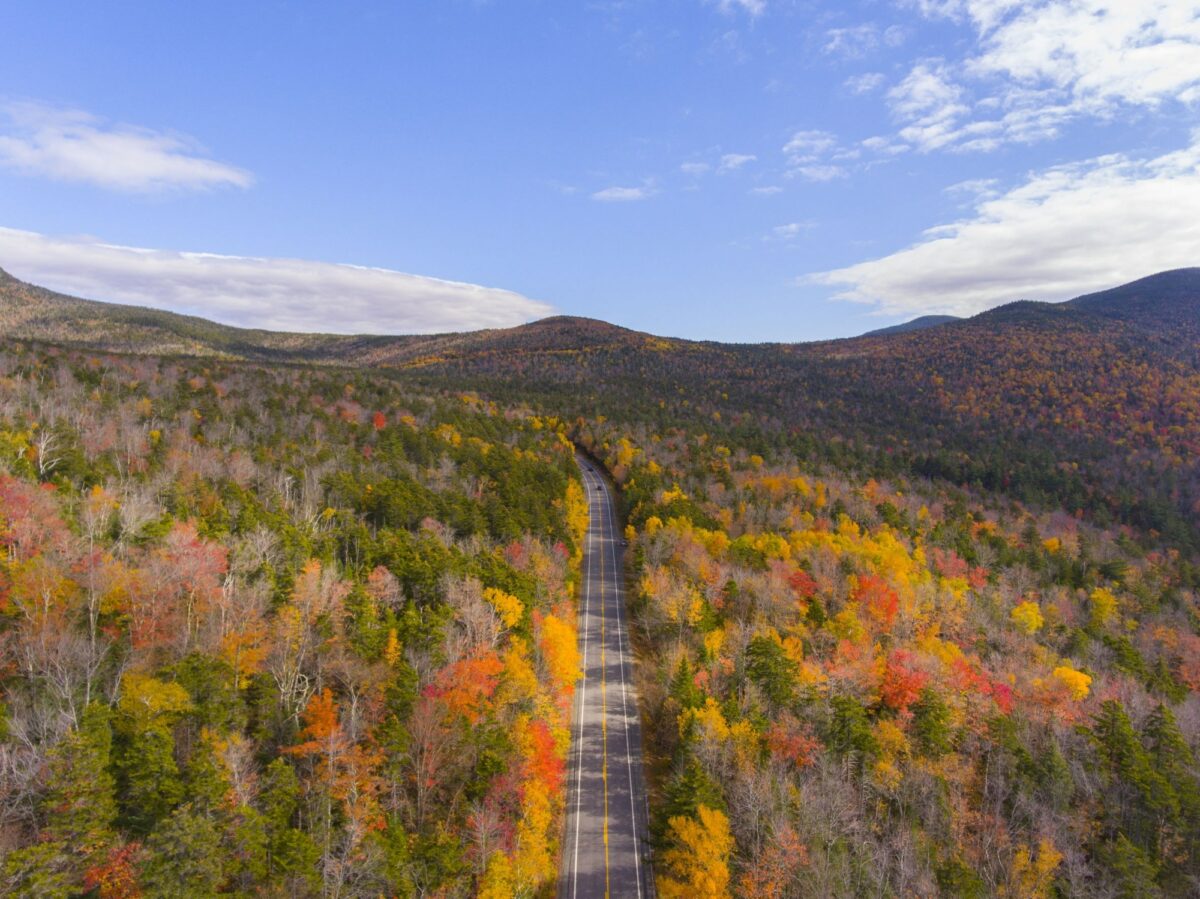 White Mountain National Forest fall foliage on Kancamagus Highway near Hancock Notch aerial view Town of Lincoln New Hampshire NH USA