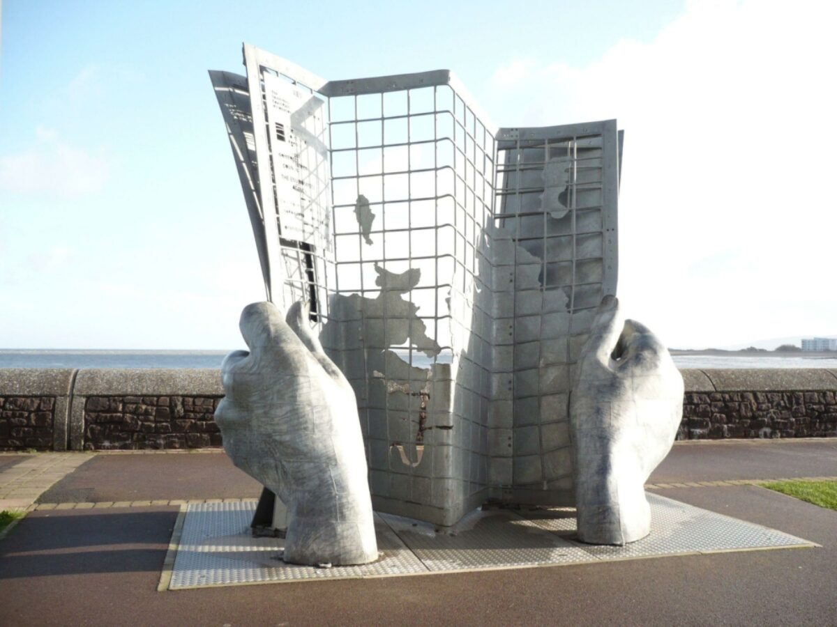 Sculpture at the start of the South West Coastal Path Minehead South West England UK