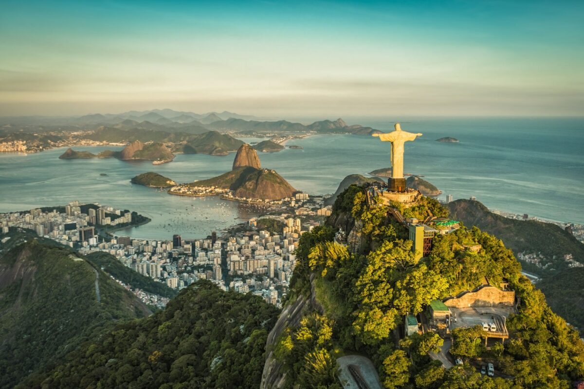 Brazil Rio Aerial view of Christ and Botafogo Bay
