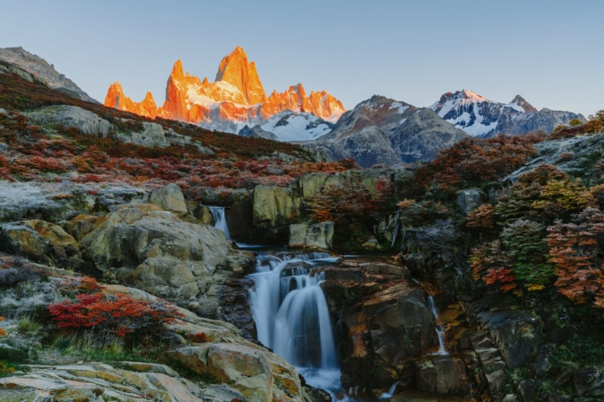 El Chalten View of Mount Fitz Roy and the waterfall in the Los Glaciares National Par
